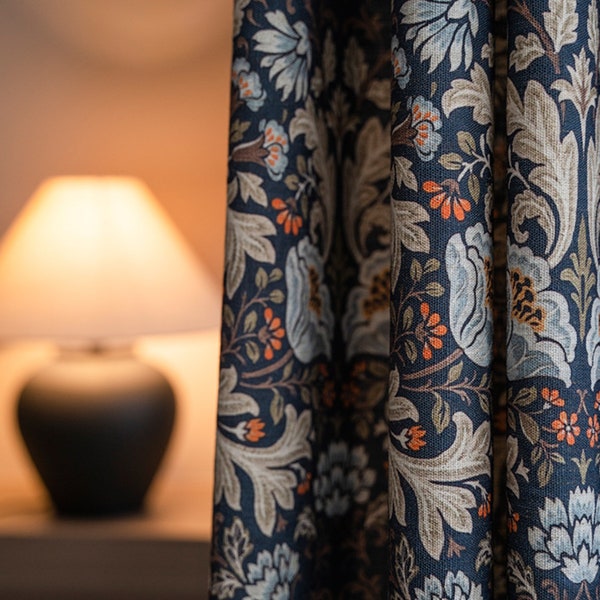 Cotton and Linen Floral Vintage Blue Curtains for Living Dining Room Bedroom Modern Retro Curtains Custom Size Window Drape