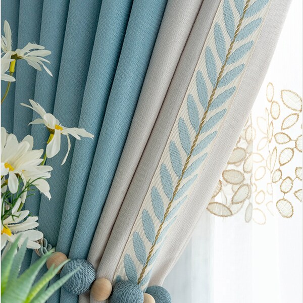 Light Blue Stitching Embroired Curtain Thick and Soft Chenille Curtains for Living Dining Room Bedroom Custom Lace  Blackout Door Window