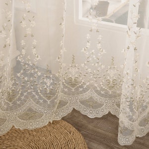 Floral Embroidered White Tulle Curtain Style Panels for Living Room Bedroom Kitchen Drapes