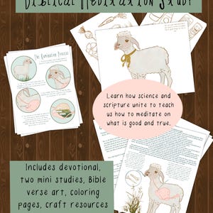 May include: A collection of printable Bible study materials. The image features the text "Biblical Meditation Study" and includes illustrations of a lamb, diagrams, and text. The materials include devotional, mini studies, Bible verse art, coloring pages, and a sheep science unit.