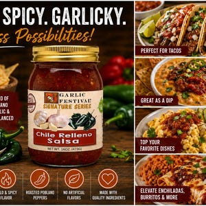 May include: A 16 oz jar of Garlic Festival Signature Series Chile Relleno Salsa featuring a label with garlic and poblano pepper illustrations. The text reads BOLD. SPICY. GARLICKY. Endless Possibilities! and includes details about roasted poblano peppers.