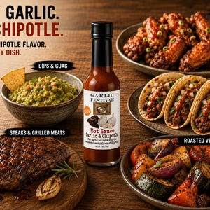 May include: A bottle of Garlic Festival Hot Sauce Garlic & Chipotle surrounded by plates of chicken wings, tacos, guacamole with a tortilla chip, a grilled steak with roasted garlic, and roasted vegetables, with text describing the sauce's flavor profile.