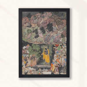 Krishna Holds up Mount Govardhan to Shelter the Villagers of Braj Harivamsa (1590) - Hinduism, Indian, India, Hindu God - Painting Print Art