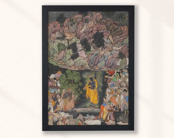Krishna Holds up Mount Govardhan to Shelter the Villagers of Braj Harivamsa (1590) - Hinduism, Indian, India, Hindu God - Painting Print Art