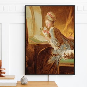 Jean Honore Fragonard - The Love Letter (1770) | Wand Kunst Dekor Vintage Gemälde Druck Porträt Frau in Gelb mit Blumen | Druckbare Kunst