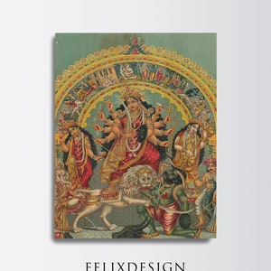 Shri Shri Durga with Mahisha Trisula Lakshmi Saraswati (1890) - Hinduism, Tradition Indian art, India, Hindu God - Painting Poster Print Art