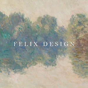 May include: Impressionistic painting of a waterscape with trees and reflections. The artwork features a palette of blues, greens, and browns, with the text "FELIX DESIGN" in white across the center. The style evokes a sense of tranquility.