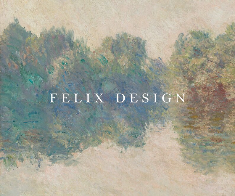 May include: Impressionistic painting of a waterscape with trees and reflections. The artwork features a palette of blues, greens, and browns, with the text "FELIX DESIGN" in white across the center. The style evokes a sense of tranquility.
