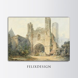 Peut inclure: Peinture à l'aquarelle d'une vieille arche et de bâtiments en pierre. L'œuvre présente une palette de couleurs sourdes avec des tons beiges, gris et bruns. Le texte "FELIXDESIGN" est imprimé au bas de l'image.