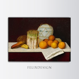 William Michael Harnett - Fruit and Asparagus (1875) | Vintage Scenery Oil Painting | Still Life Wall Art Print | Frame TV | Instant Art