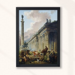 Puede incluir: Una pintura que representa una ruina romana con una columna y una estatua de un jinete a caballo. La ruina está rodeada de personas con vestimenta de época, algunas sentadas y otras de pie. La pintura está ambientada en un cielo nublado.