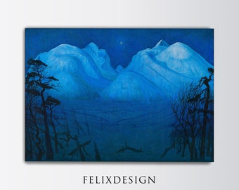 Rustic Mountain Painting | Vintage Winter Landscape Print | Blue Wall Art Home Poster Bedroom Decor | Digital Frame TV | Printable Art