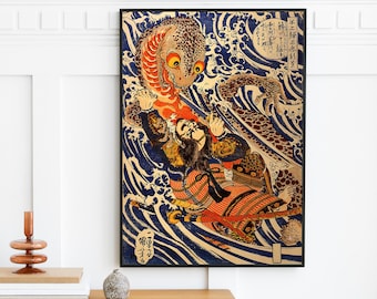 May include: A Japanese woodblock print depicting a samurai battling a large, multi-colored sea serpent. The print is set against a background of swirling blue waves. The text in the image reads "生類憐みの令" which translates to "Order to Show Compassion for All Living Creatures".