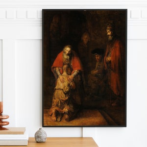Puede incluir: Una pintura que representa una escena de la Biblia, con tres hombres en una habitación tenuemente iluminada. Un hombre está arrodillado y es abrazado por otro hombre, mientras que un tercer hombre se encuentra detrás de ellos. La pintura está realizada en un estilo oscuro y dramático, con colores y texturas ricas.