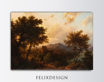 Puede incluir: Una pintura que representa un paisaje con un pueblo en la distancia. El pueblo está rodeado de colinas y árboles. El cielo es de un suave color naranja y rosa, con nubes. Hay personas y animales en un camino que conduce al pueblo.