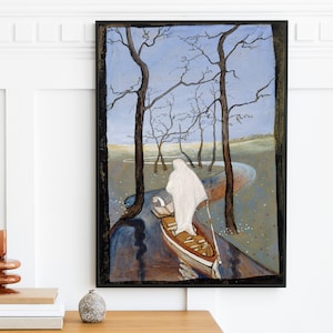 May include: A painting depicting a solitary figure in a white robe rowing a boat along a dark, meandering river. The figure is surrounded by bare trees and a cloudy sky. The painting has a mysterious and atmospheric feel.