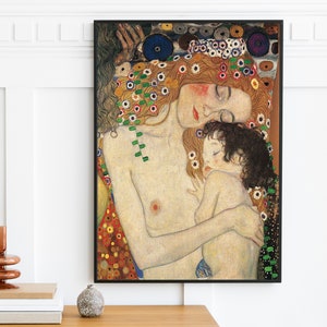 Gustav Klimt - Madre e hijo (1905) / Pintura al óleo vintage antigua / Colorido naranja / Grabados de museo / Decoración de impresión de arte mural / Arte digital