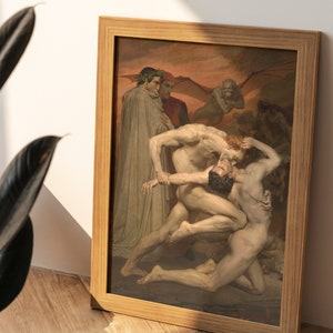 May include: A framed painting depicting a scene from Dante's Inferno. The painting features a group of figures, including a man with a crown of leaves, a man in a red hat, and a winged demon. The figures are depicted in a dramatic and emotional pose, suggesting a scene of conflict or struggle.