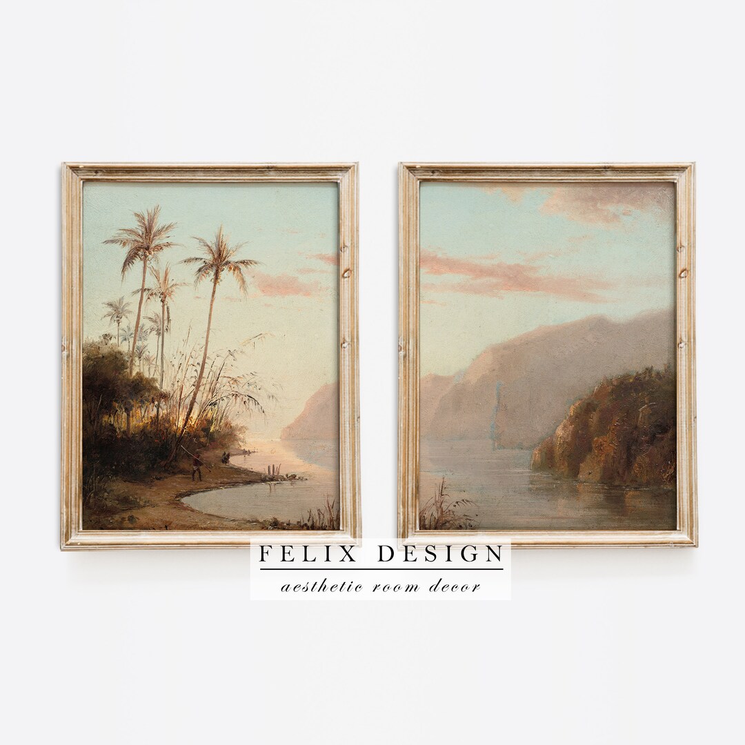 Vintage Landscape Print Set of Two, Antique Farmhouse Prints, Dark ...