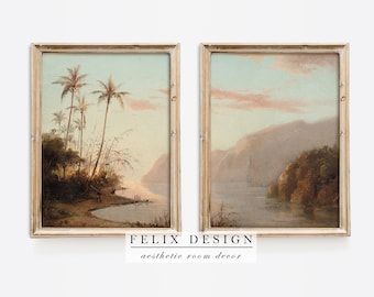 Vintage Landschaft Druck Set von zwei, Antike Bauernhaus Drucke, Dark Moody Vintage Print Set, Gallery Wall Art Set, Digitaler Download