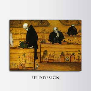 May include: A painting of three skeletons in black robes tending to a garden. The skeletons are holding gardening tools and are surrounded by flowers and plants. The painting is set against a background of a lush green forest.