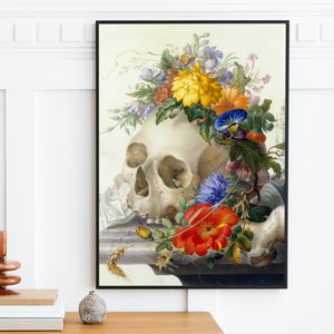 Herman Henstenburgh - Vanitas Still Life | Vintage Oil Painting | Skull and Flowers - Curiosities and Oddities - Macabre | Still Life Print