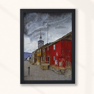 Puede incluir: Una pintura de una escena callejera en un pueblo pequeño con una torre del reloj en el fondo. Los edificios están pintados en tonos de amarillo, rojo y marrón. El cielo está nublado y gris.