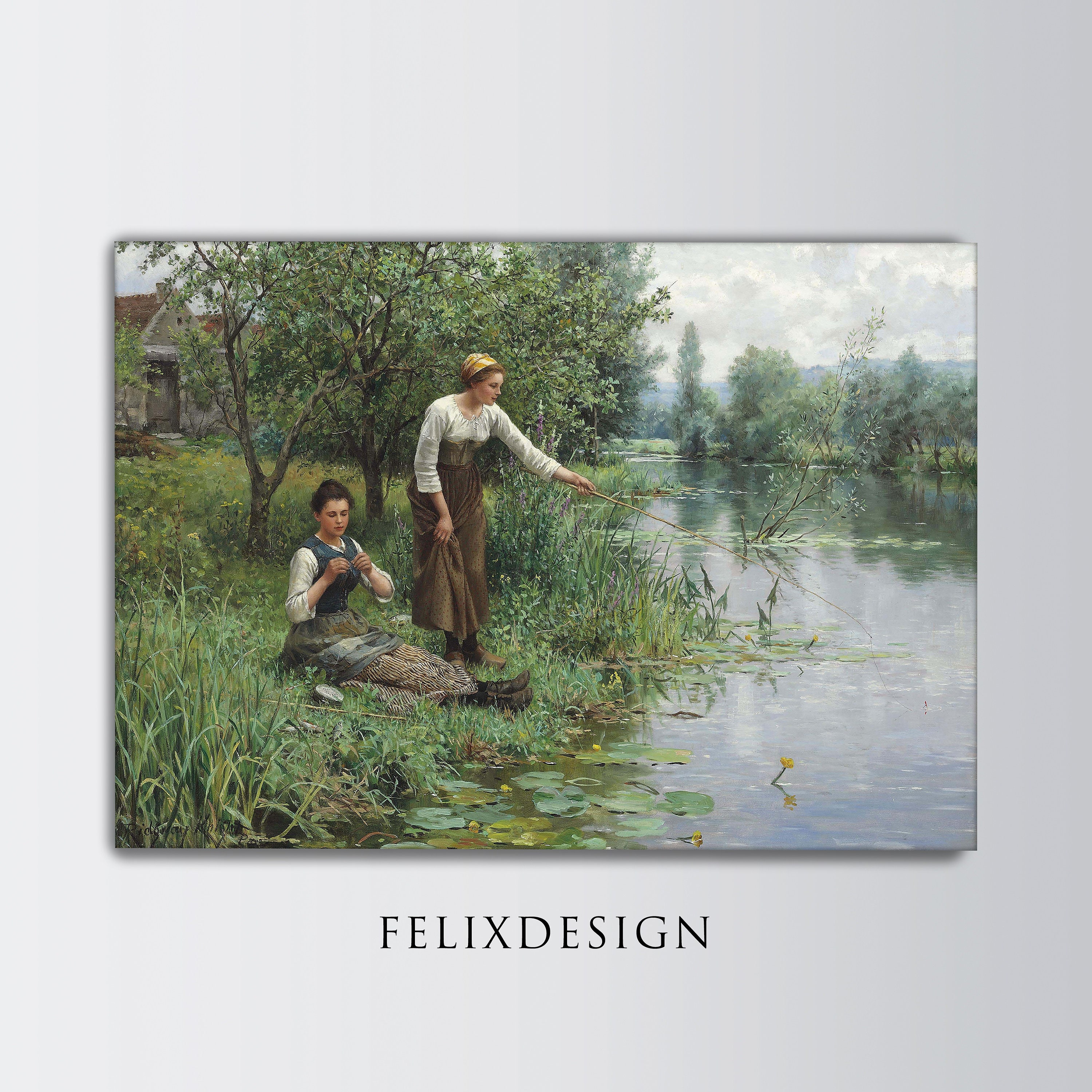 Daniel Ridgway Knight - Two Women Fishing - Samsung Frame TV Art, Vintage Wall Art - Painting Poster Print Art - Digital Download