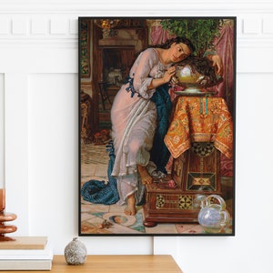 William Holman Hunt - Isabella i garnek bazylii (1867) | Obraz kobiety w stylu vintage | Antyczny wydruk ścienny Johna Keatsa | Sztuka cyfrowa