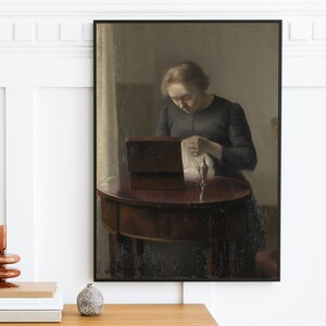 Vilhelm Hammershoi - The Artist&#39;s Wife at a Sewing Table (1897) | Wall Art Decor Print | Vintage Danish Woman Portrait | Printable Art