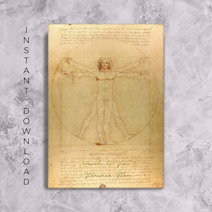 Könnte beinhalten: Ein Vintage-Druck von Leonardo da Vincis Vitruvianischem Menschen, einer berühmten anatomischen Zeichnung, die die idealen menschlichen Proportionen darstellt. Die Zeichnung ist von Text und geometrischen Formen umgeben.