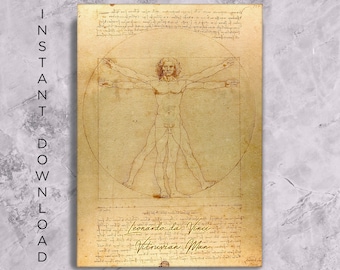 Leonardo da Vinci - Vitruvian Man (1485), Digitale Download Neon Art Typografie Quote Foto Poster Print Kleurrijke CyberPunk Wall Decor