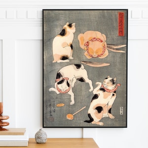 Utagawa Kuniyoshi - Four Cats in Different Poses Japanse Spreekwoorden (1852) | Japan Japanse ukiyo-e | Vintage Print Kunst aan de Muur | Digitale kunst