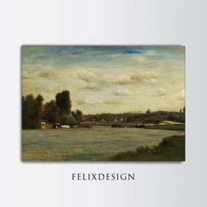Vintage French River Painting | Neutral Scenery Print | Antique Landscape Wall Art | Antique Art | Moody Decor Oil Painting | Printable Art
