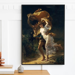 May include: A painting of a couple running through a forest, a yellow cloth billows behind them in the wind. The woman wears a white dress and the man wears a brown tunic.