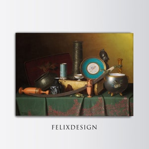 May include: A still life painting depicting a collection of objects, including a wooden tray, a ceramic vase, a metal vase, a ceramic plate, a metal bowl, a wooden box, a sword, and a metal pot. The objects are arranged on a green tablecloth with a floral pattern. The background is a dark brown.
