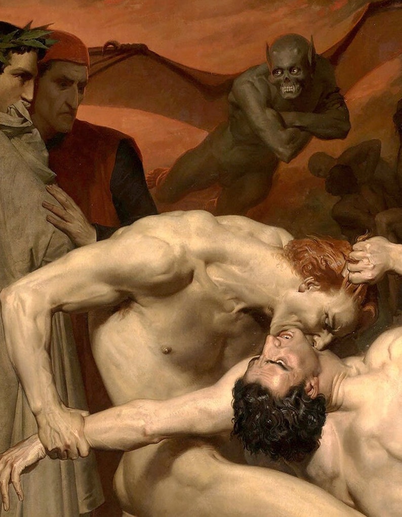 May include: A painting depicting a scene from Dante's Inferno. Two figures are locked in a struggle, one biting the other's neck. A winged demon with a skull-like face hovers above them. The scene is set against a fiery background.