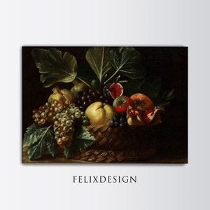 Peut inclure: Peinture de nature morte représentant un panier en osier débordant de fruits variés, dont des raisins, des grenades, des figues et des pommes. L'œuvre présente un fond sombre et des feuilles vertes luxuriantes, avec le texte "FELIXDESIGN" en bas.