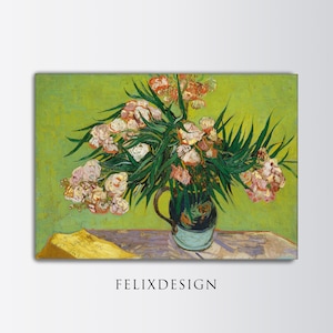 May include: A painting of a bouquet of pink and white flowers in a blue vase. The flowers are arranged in a loose, natural style, and the vase is set on a table with a yellow tablecloth. The background is a vibrant green.