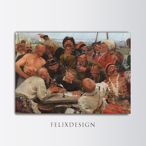 Könnte beinhalten: Ein gerahmter Druck eines historischen Gemäldes, das eine Gruppe von Männern in traditioneller Kleidung zeigt, die sich um einen Tisch versammelt haben. Die Männer lachen und scheinen ein Dokument zu unterschreiben. Das Gemälde hat einen detaillierten, realistischen Stil mit Fokus auf Gesichtsausdrücke und Texturen. Der Text "FELIXDESIGN" befindet sich unten.