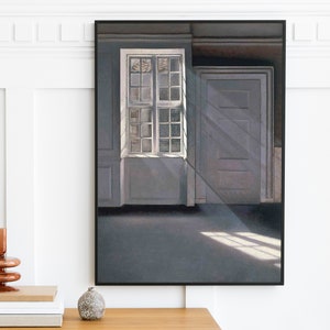 May include: A painting of a room with a large window and a door. The window is divided into panes and lets in light that casts shadows on the floor. The door is closed and has a simple design.