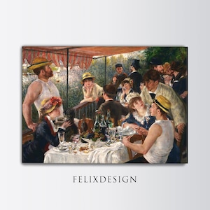May include: A print of a painting depicting a group of people at a luncheon. The scene is set outdoors under a striped awning. The artwork features a table laden with food and drinks, and the people are dressed in period clothing.