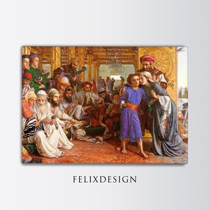 May include: A painting depicting a scene from the Bible, showing a young boy, Jesus, surrounded by adults in a large, ornate room. The boy is wearing a blue robe and is being comforted by a woman. The room is filled with people, some of whom are listening to Jesus speak.