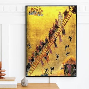 Könnte beinhalten: Gerahmter Druck einer religiösen Ikone, die eine Leiter zum Himmel zeigt, mit Menschen, die hinaufsteigen und von dunklen Figuren heruntergezogen werden. Das Kunstwerk hat einen goldenen Hintergrund und detaillierte Figuren.