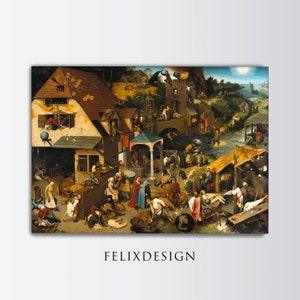 May include: A detailed oil painting depicting a bustling medieval village scene with many figures engaged in various activities. The painting is filled with vibrant colors and intricate details, including a large building with a red roof, a central fountain, and a variety of animals and people.