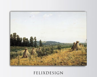 Scenery Oil Painting | Antique Landscape Painting | Landscape Art | Vintage Oil Painting | Sky Huts Trees Minimalist | Digital Download