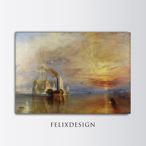 Könnte beinhalten: Ein Gemälde, das ein Schiff zeigt, das bei Sonnenuntergang durch ein nebliges Meer fährt. Der Himmel ist mit leuchtenden Orange- und Gelbtönen gefüllt, während das Wasser tiefblau ist. Das Schiff ist vor dem hellen Himmel silhouettiert und erzeugt eine dramatische Szene.