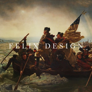 May include: A historical painting depicting a boat crossing a river with ice floes. The image features figures in period clothing, a flag, and the text "FELIX DESIGN". The scene is set under a cloudy sky.