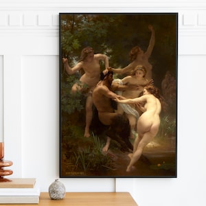William Adolphe Bouguereau - Nimfy i Satyr (1873) | Stary obraz olejny | Antyczna kobieta na ścianę | Wydruk dekoracyjny do sypialni | Sztuka cyfrowa