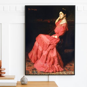 Vintage Woman Portrait | Vintage Oil Pink Moody Portrait | Ashutz Woman in Red Sitting Posing Portrait | Wall Decor Painting | Digital Art